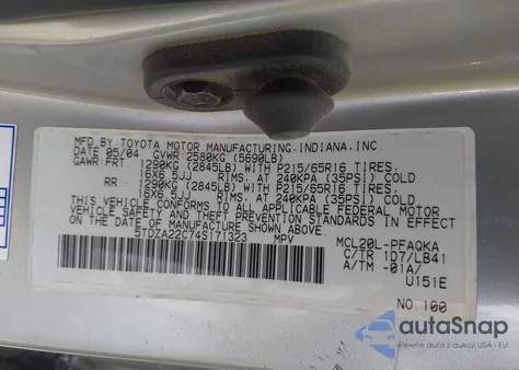 2004 Toyota Sienna Xle z USA, uszkodzony, nr VIN 5TDZA22C74S171323